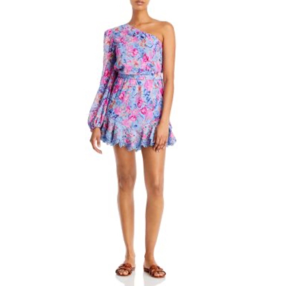 Hemant & Nandita One Shoulder Floral Mini Dress Blue Pink Boho Lace XS